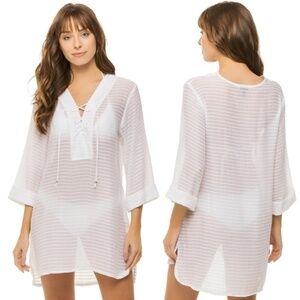 J. VALDI Sheer Swim Coverup Tunic Size L White V Neck Lace Up Beach Vacation NEW